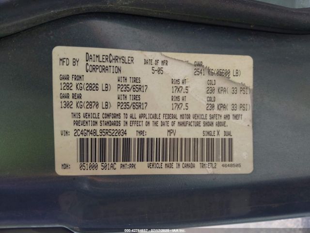 2005 CHRYSLER PACIFICA 2C4GM48L95R522034 Photo 8
