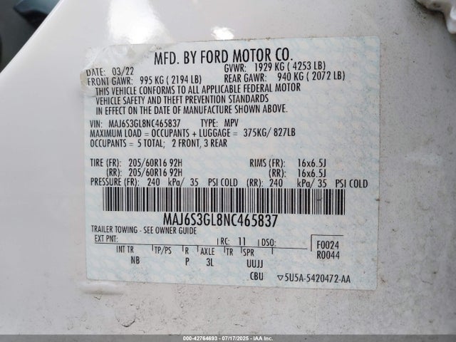 MAJ6S3GL8NC465837 Ford 2022