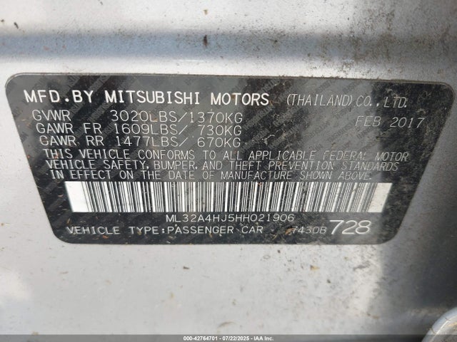 Mitsubishi Mirage 2017 ML32A4HJ5HH021906 Image 9