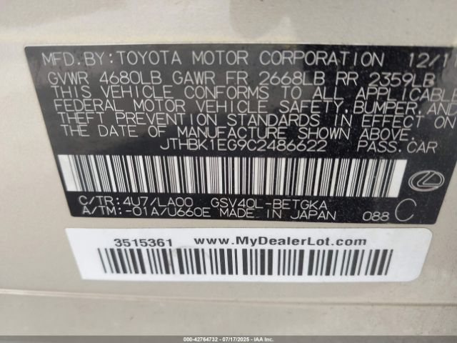 2012 LEXUS ES 350 JTHBK1EG9C2486622 Photo 8