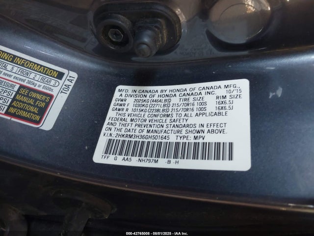 Honda k24w9/k24v1 2016 2HKRM3H36GH501645 Image 9