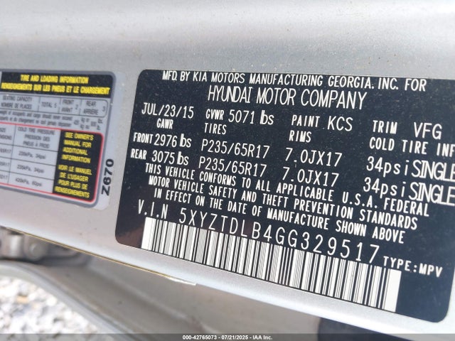 5XYZTDLB4GG329517 Hyundai gdi theta ii