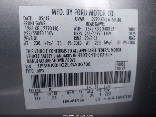 Продаж на аукціоні авто 2020 Ford Explorer Platinum, vin: 1FM5K8HC2LGA06788, номер лоту: 42765085