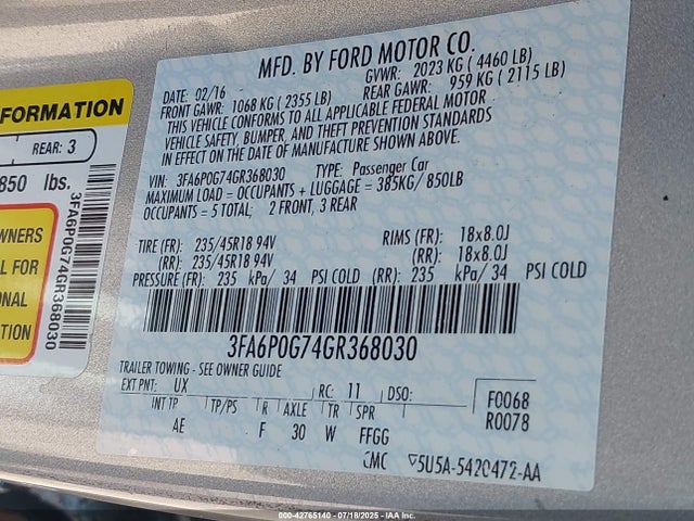 Ford Fusion 2016 3FA6P0G74GR368030 Image 9