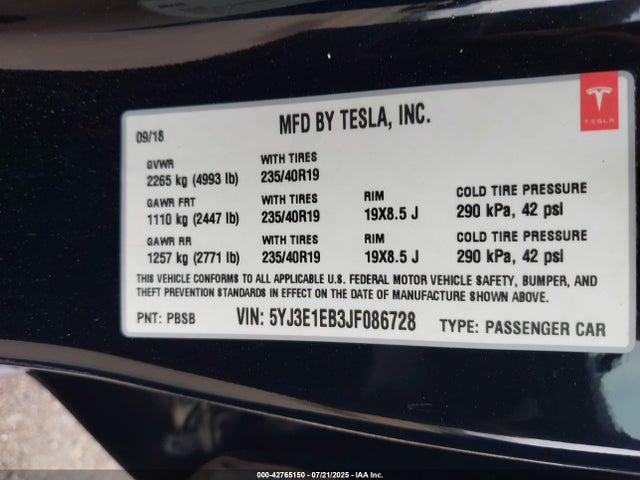 5YJ3E1EB3JF086728 Tesla MODEL 3