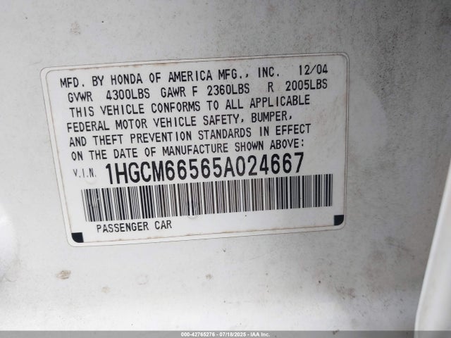 2005 Honda Accord 3.0 Ex მანქანა იყიდება აუქციონზე, vin: 1HGCM66565A024667, აუქციონის ნომერი: 42765276