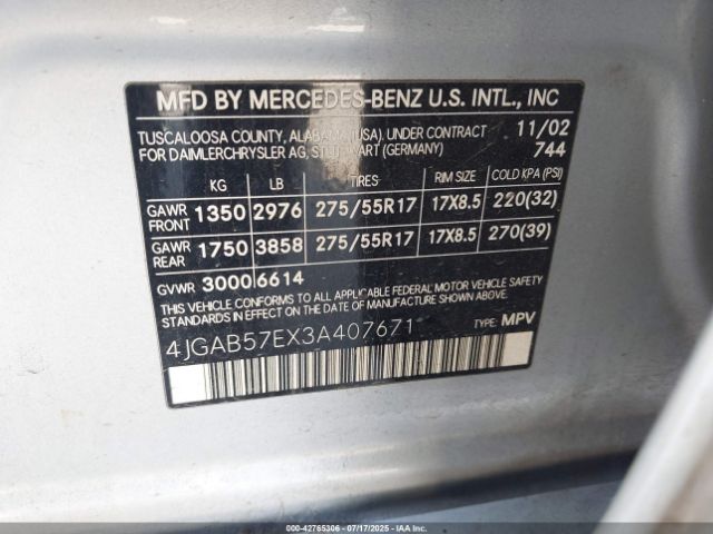 2003 MERCEDES-BENZ ML 350 4JGAB57EX3A407671 Photo 8