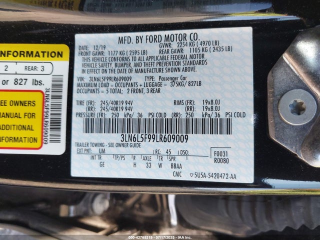 3LN6L5F99LR609009 Lincoln 2.0l gtdi high