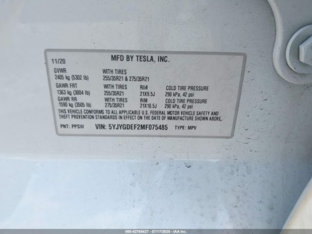2021 TESLA MODEL Y 5YJYGDEF2MF075485 Photo 8