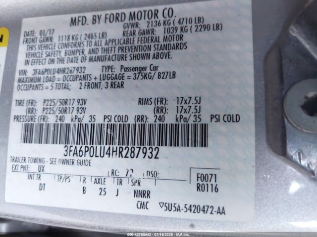 2017 FORD FUSION HYBRID 3FA6P0LU4HR287932 Photo 8