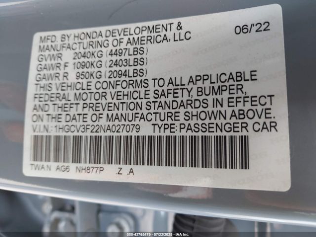 2022 HONDA ACCORD 1HGCV3F22NA027079 Photo 8