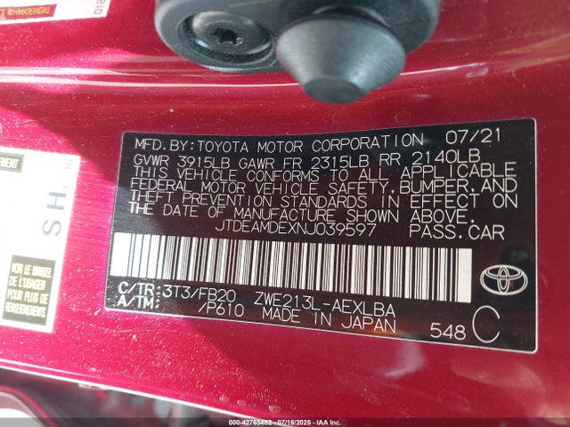 JTDEAMDEXNJ039597 Toyota 2zr-fxe, 1nm