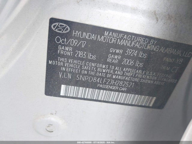 5NPD84LF2JH282521 Hyundai mpi nu