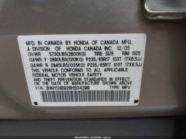 2006 ACURA MDX 2HNYD18926H504399 Photo 8