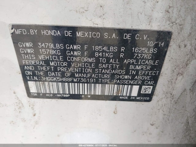 42765654 :رقم المزاد ، 3HGGK5H88FM736191 vin ، 2015 Honda Fit Ex/ex-l مزاد بيع