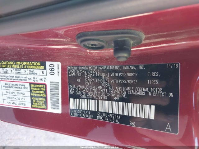 Toyota 2gr-fks 2017 5TDZZ3DC8HS798145 Image 9