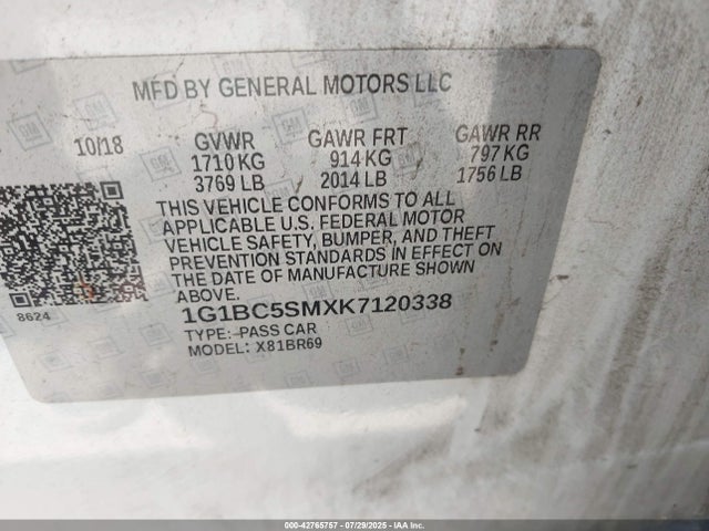 1G1BC5SMXK7120338 Chevrolet le2 -di: direct injection, vvt: variable valve timing, gen, alum