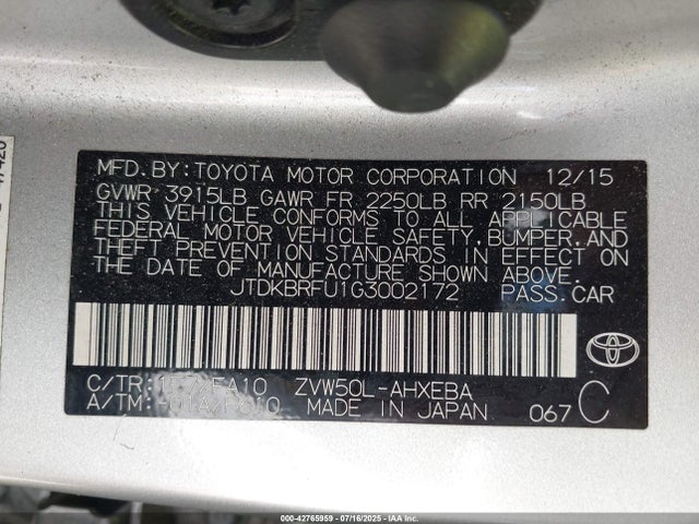 JTDKBRFU1G3002172 Toyota 2zr-fxe,1nm