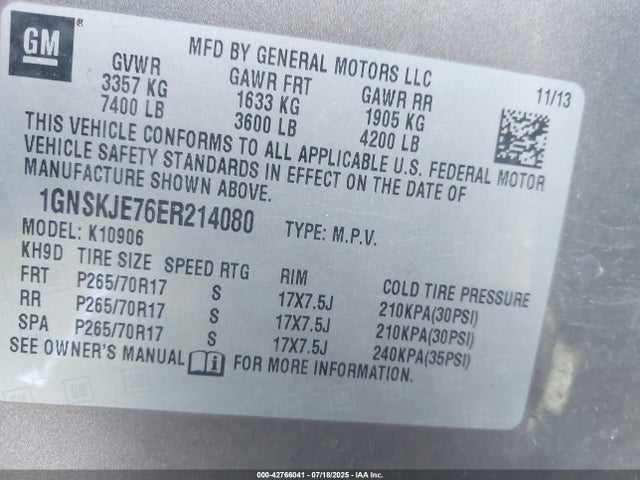 1GNSKJE76ER214080 Chevrolet lc9 - flex fuel (gas/alc), aluminium cylinder, deactivation