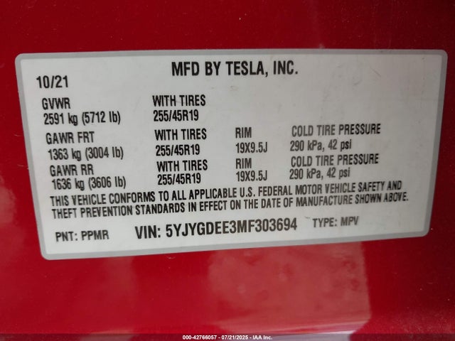 2021 TESLA MODEL Y 5YJYGDEE3MF303694 Photo 8