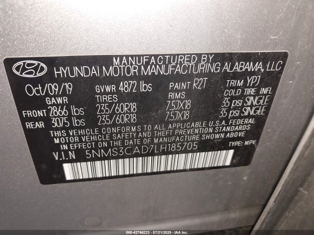 5NMS3CAD7LH185705 Hyundai gdi theta ii