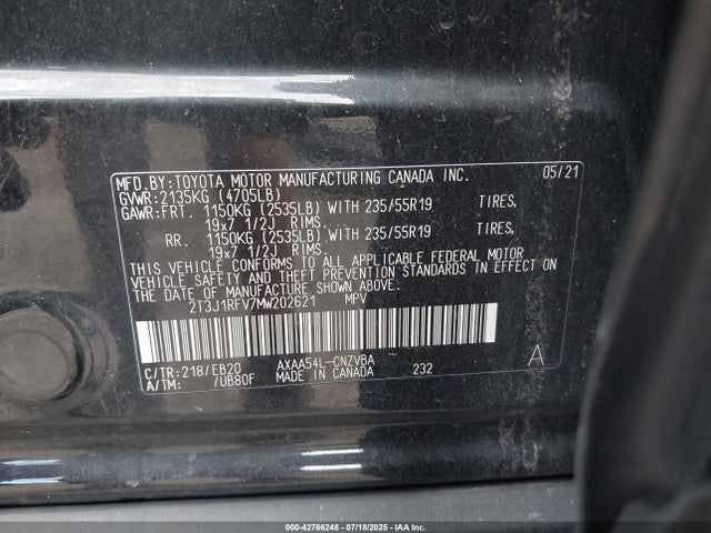 2T3J1RFV7MW202621 Toyota a25a-fks