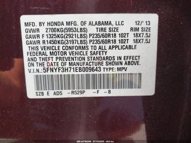 Продажа на аукционе авто 2014 Honda Pilot Ex-l, vin: 5FNYF3H71EB009643, номер лота: 42766296