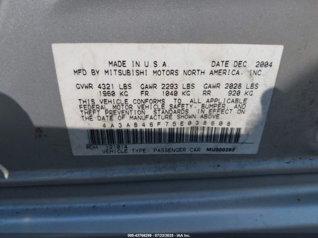 2005 MITSUBISHI GALANT 4A3AB46F75E038608 Photo 8