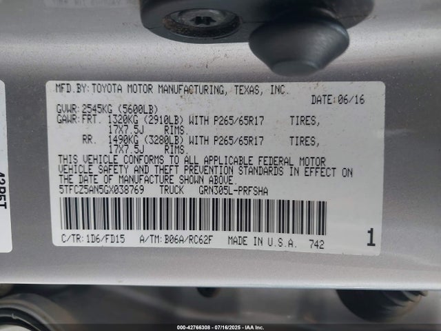 5TFCZ5AN5GX038769 Toyota 2gr-fks