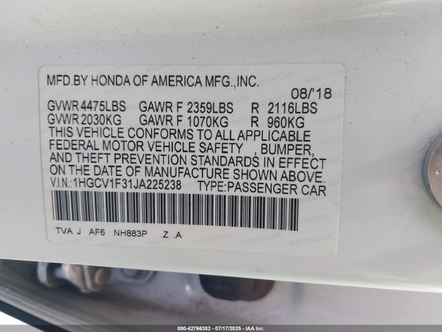 1HGCV1F31JA225238 Honda l15be