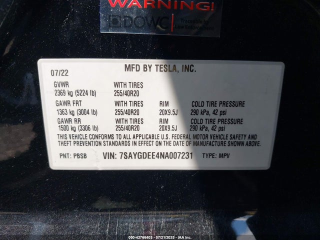 2022 TESLA MODEL Y 7SAYGDEE4NA007231 Photo 8