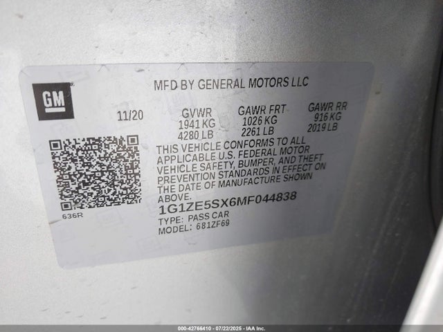 1G1ZE5SX6MF044838 Chevrolet ltg - spark ignited direct injection, variable valve timing, alum dohc, dcvcp turbo, e0-e100, alum