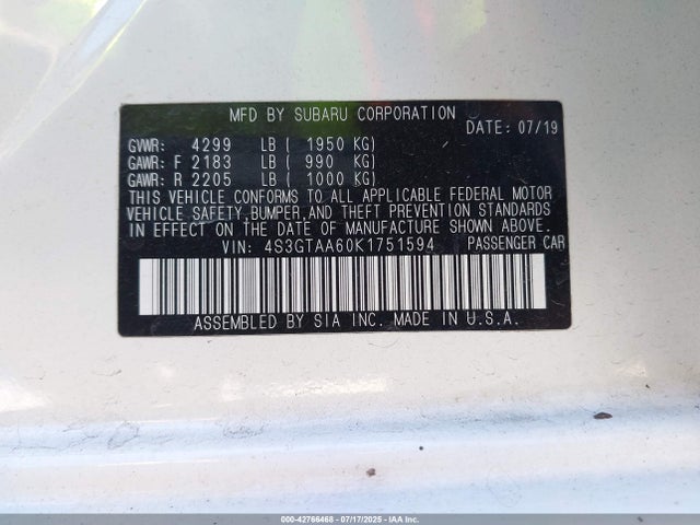 4S3GTAA60K1751594 Subaru 2019