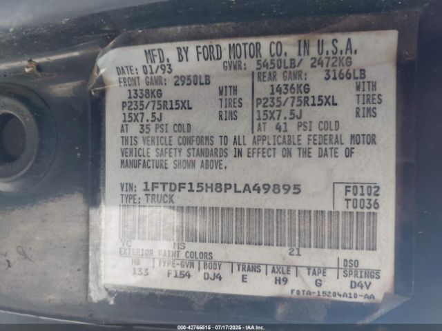 1993 FORD F150 1FTDF15H8PLA49895 Photo 8
