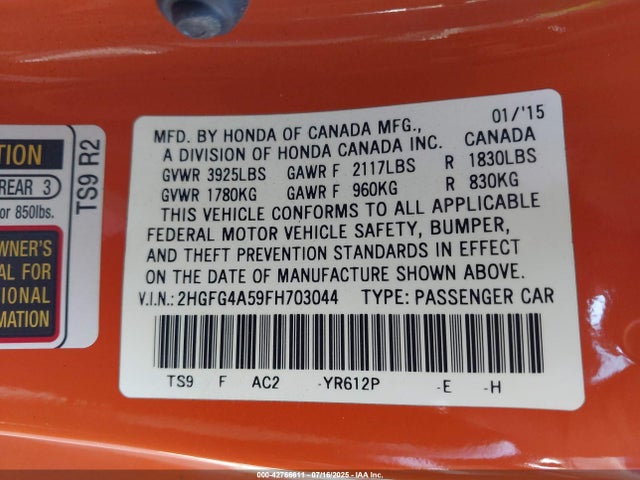 2HGFG4A59FH703044 Honda k24z7