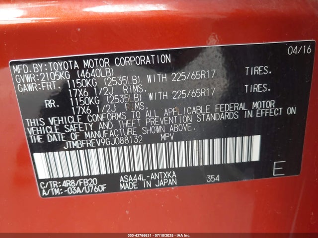 JTMBFREV9GJ088132 Toyota RAV4 LE