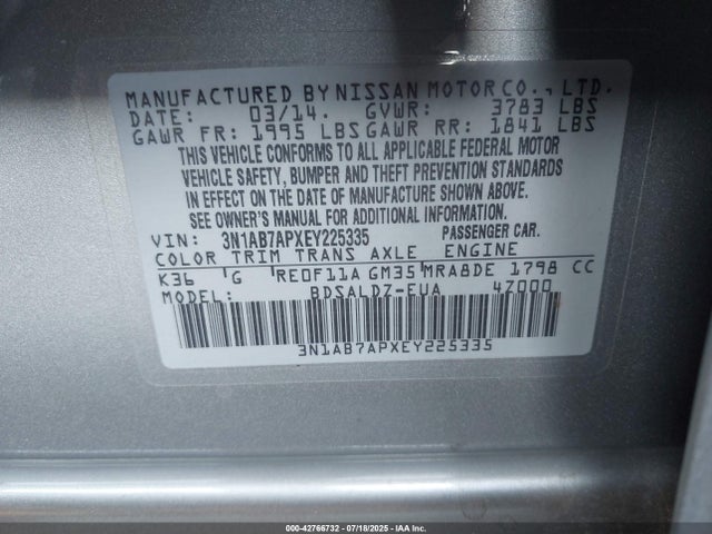 3N1AB7APXEY225335 Nissan 2014