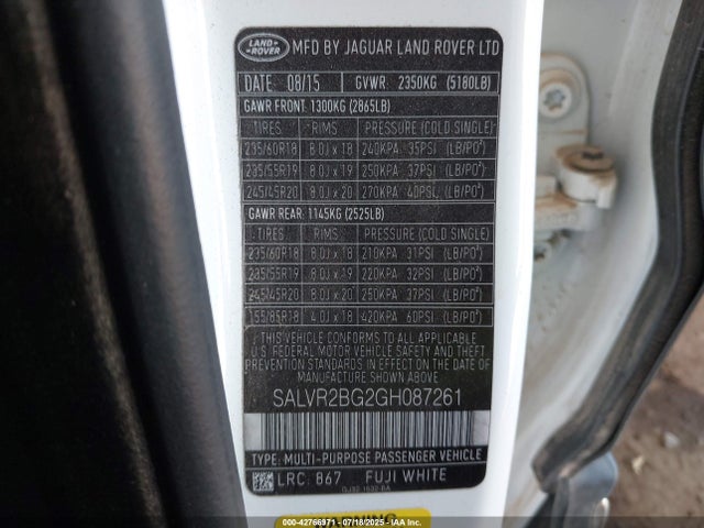 Land Rover gtdi lev3 sulev30 2016 SALVR2BG2GH087261 Image 9