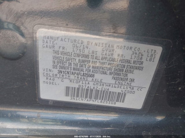 3N1CN7AP4FL825508 Nissan Versa