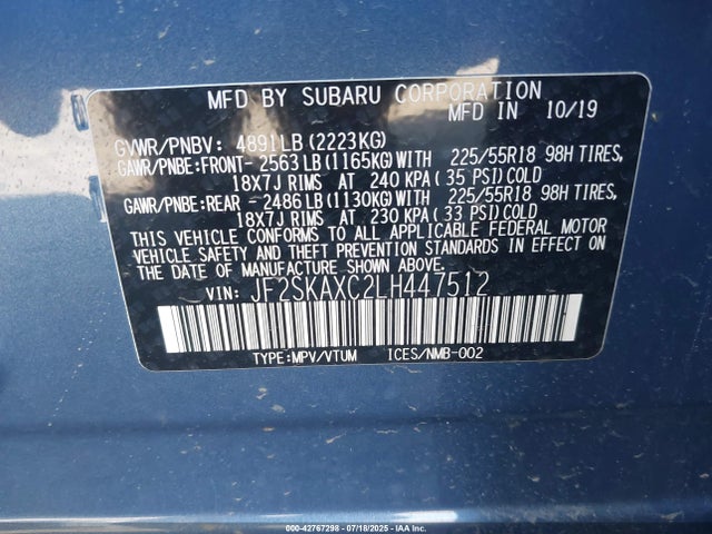 Subaru naturally aspirated u5 2020 JF2SKAXC2LH447512 Image 9