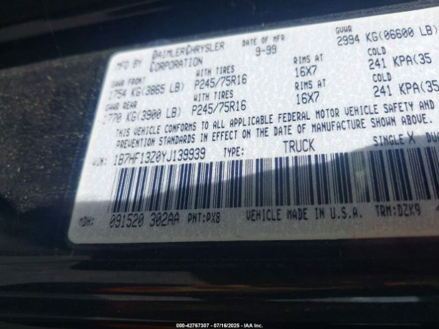 2000 DODGE RAM 1500 1B7HF13Z0YJ139939 Photo 8