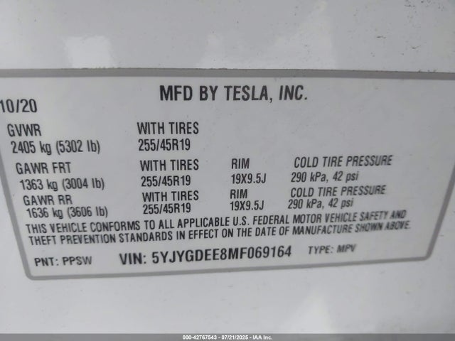 2021 TESLA MODEL Y 5YJYGDEE8MF069164 Photo 8