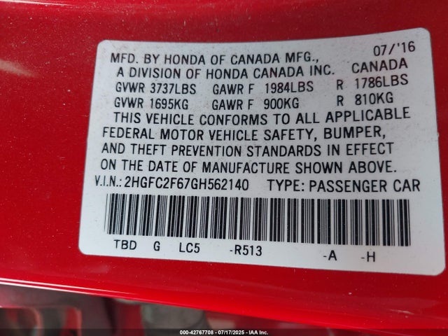 Honda k20c2 2016 2HGFC2F67GH562140 Image 9
