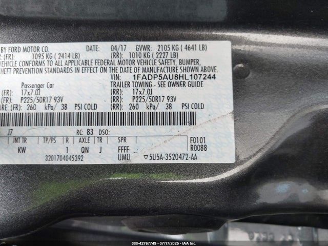 1FADP5AU8HL107244 Ford 2.0l atk ivct hev