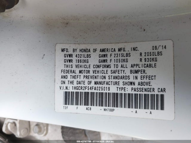 Honda k24w1 2015 1HGCR2F54FA025019 Image 9