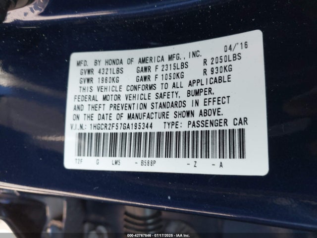 1HGCR2F57GA195344 Honda k24w1