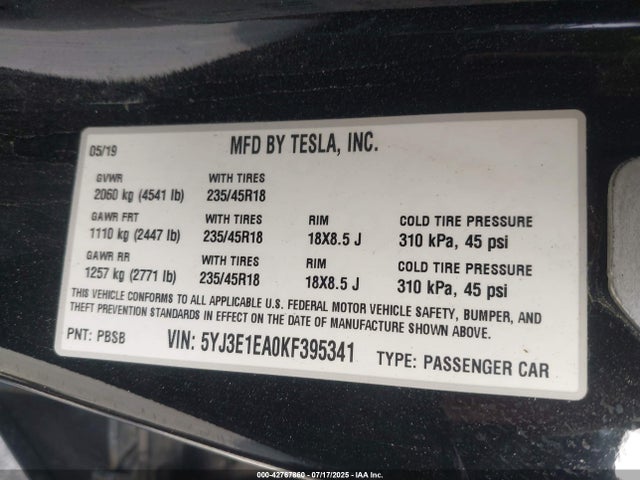 2019 TESLA MODEL 3 5YJ3E1EA0KF395341 Photo 8