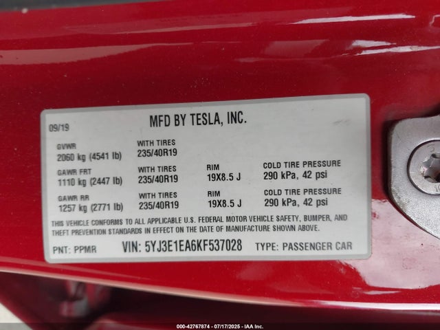 2019 TESLA MODEL 3 5YJ3E1EA6KF537028 Photo 8
