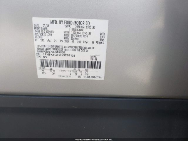 2016 FORD EXPLORER 1FM5K8GT2GGC07128 Photo 8