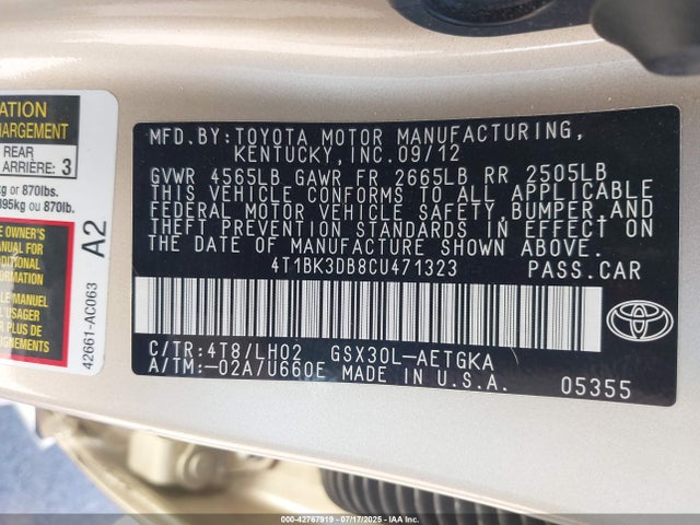 2012 Toyota Avalon მანქანა იყიდება აუქციონზე, vin: 4T1BK3DB8CU471323, აუქციონის ნომერი: 42767919
